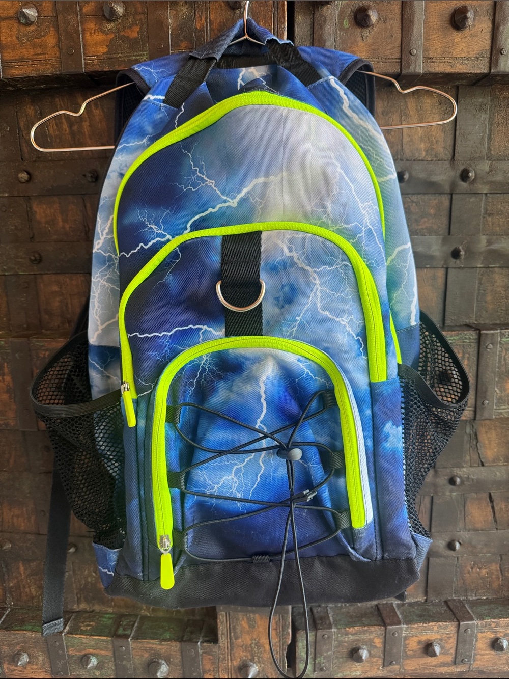 Pottery Barn Blue Lightning Print Men's Backpack with Neon Green Accents